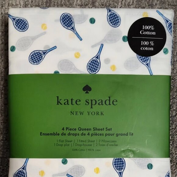 Kate Spade Queen Size Cotton RACQUETBALL TENNIS PICKLEBALL Sheet Set - Picture 1 of 2